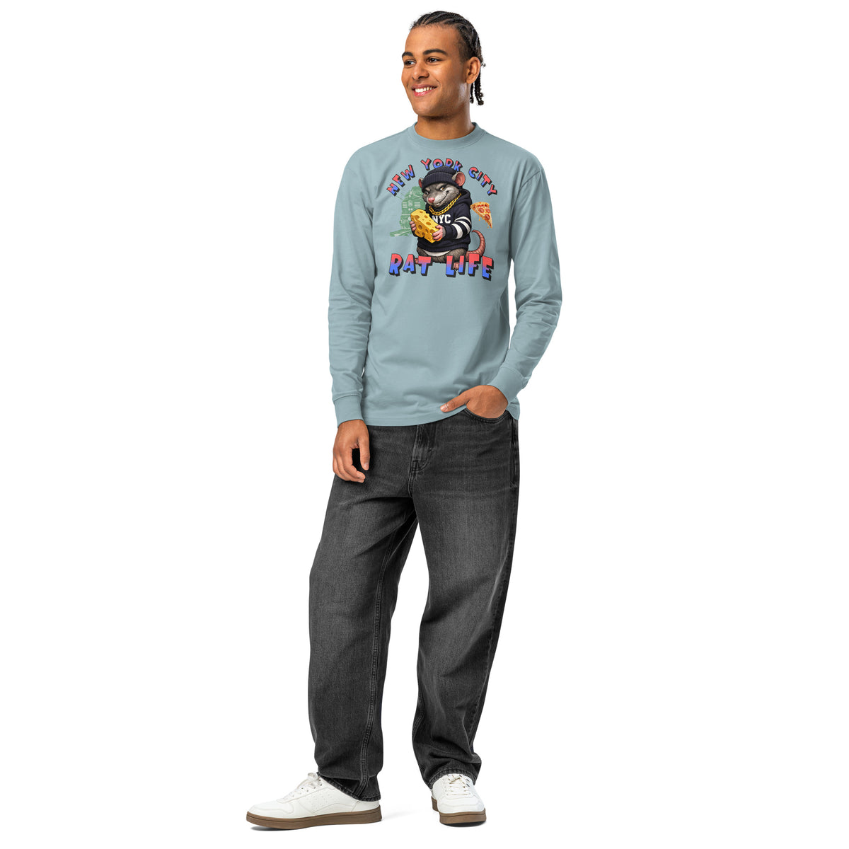 NYC Rat Life heavyweight long sleeve t-shirt — Agave — front