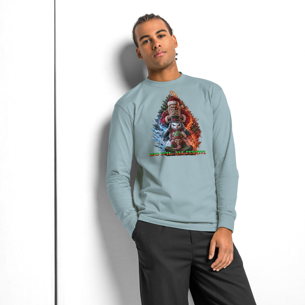 No Evil Xmas heavyweight long sleeve t-shirt — Agave — Men's Lifestyle model, front