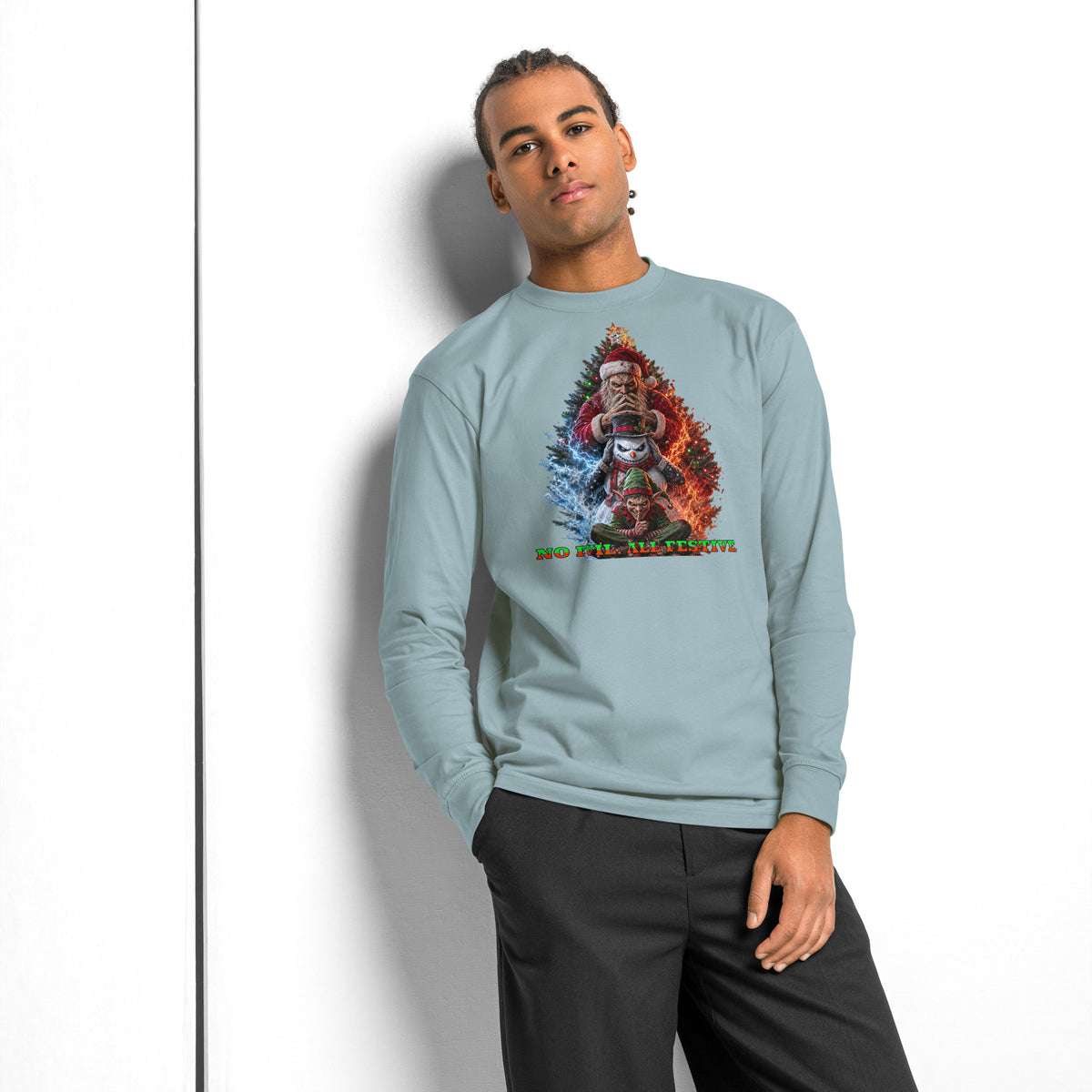 No Evil Xmas heavyweight long sleeve t-shirt — Agave — Men's Lifestyle model, front