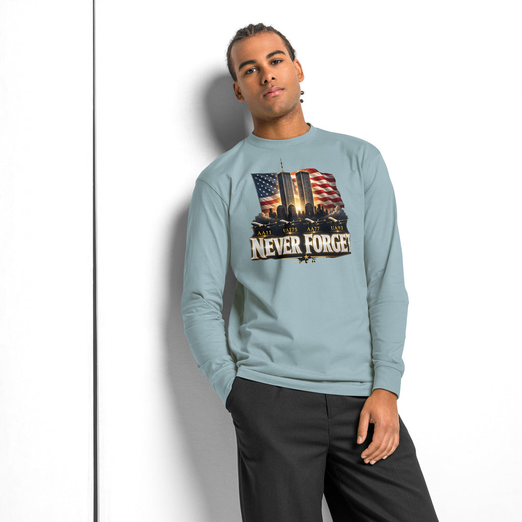 9/11 Never Forget heavyweight long sleeve t-shirt — Agave — front