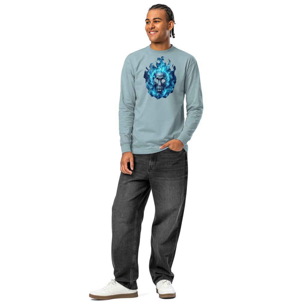 Blue flaming skull heavyweight long sleeve t-shirt — Agave — front