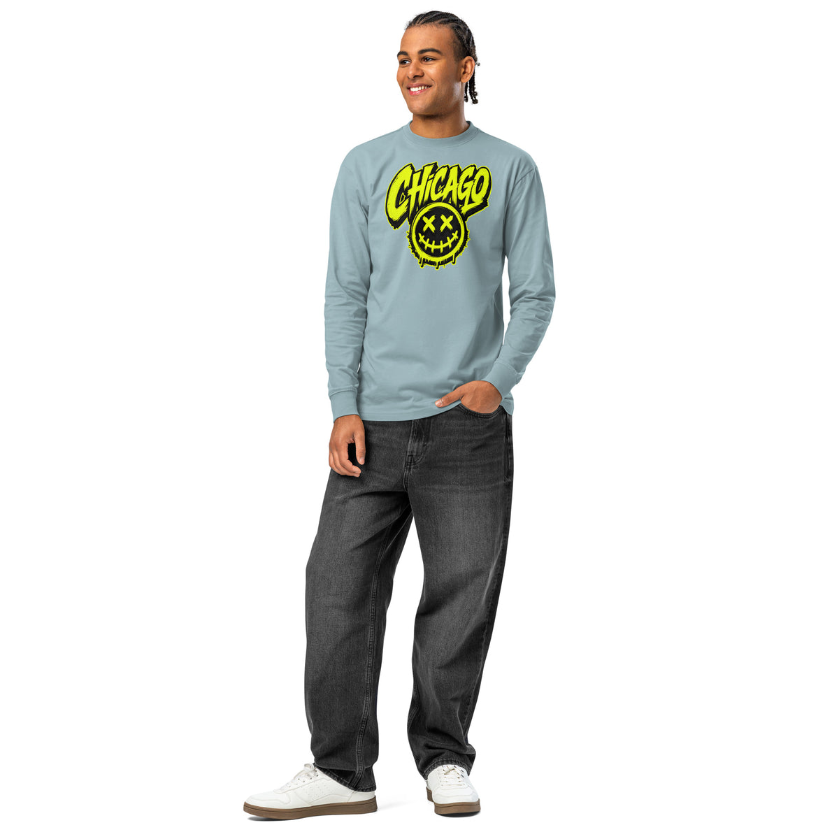 Chicago Smiles heavyweight long sleeve t-shirt — Agave — front