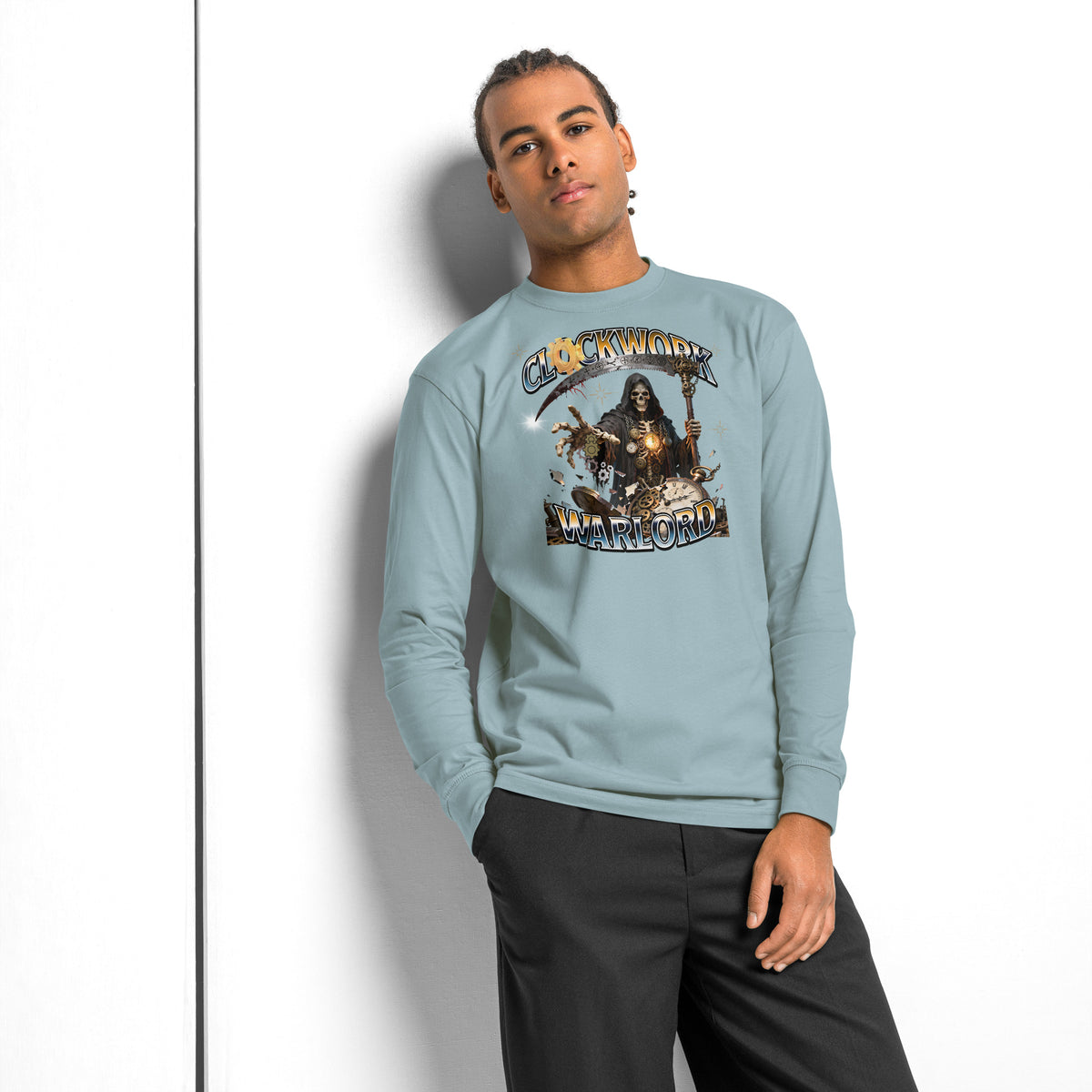 Clockwork Warlord heavyweight long sleeve t-shirt — Agave — front