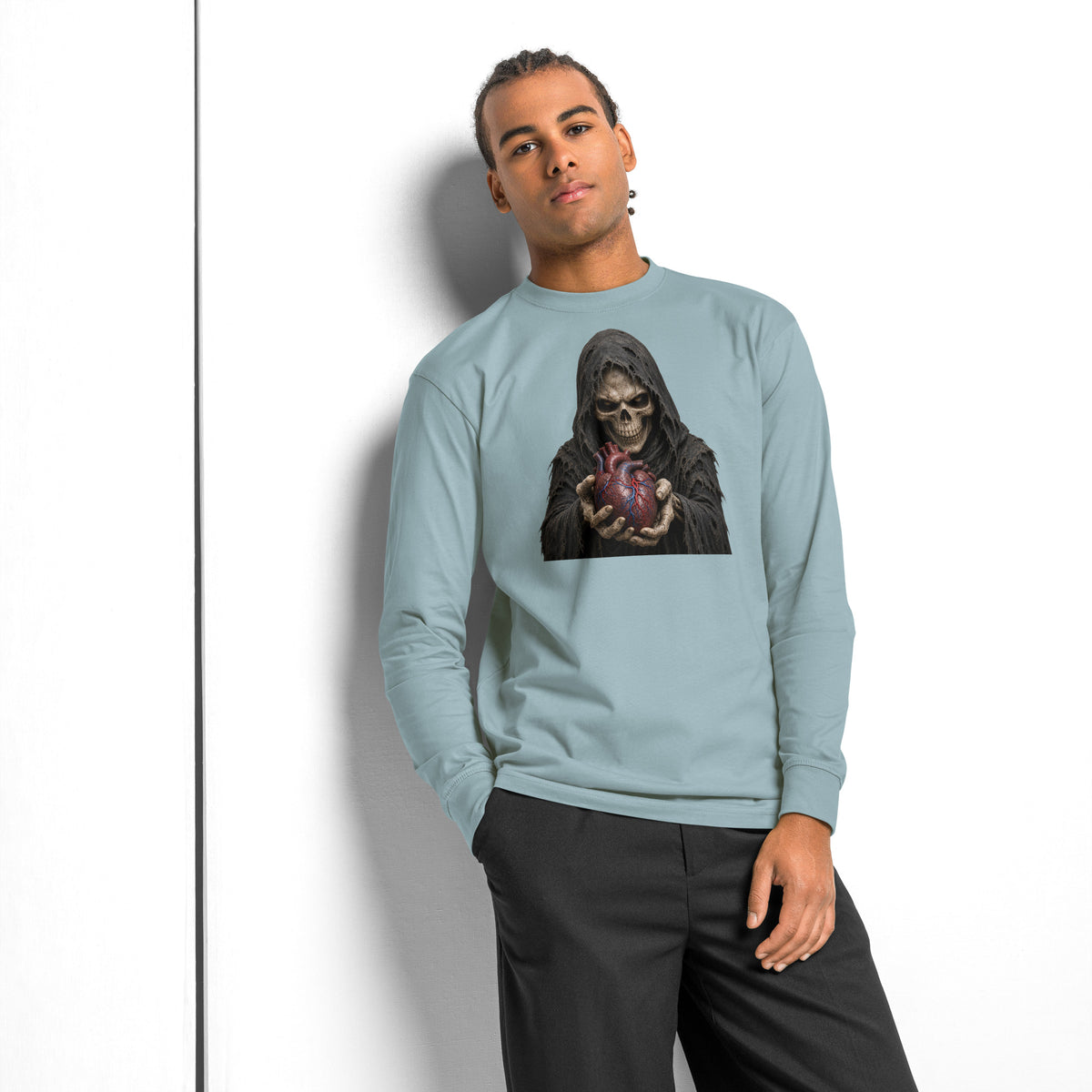 Have A Heart Skeleton heavyweight long sleeve t-shirt — Agave — front