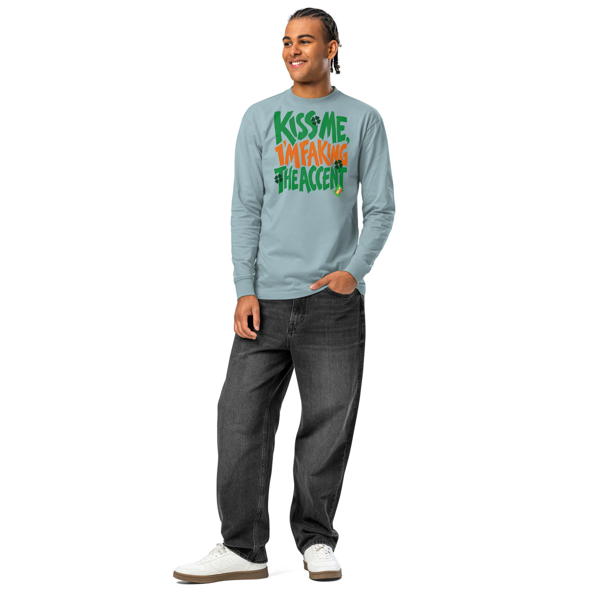 Kiss Me Faking Accent heavyweight long sleeve t-shirt — Agave — front