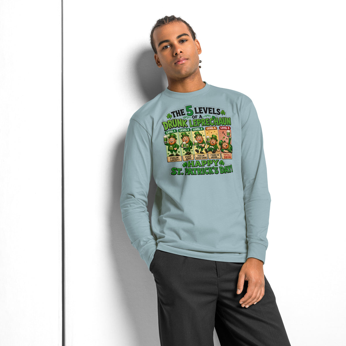 Five Levels of Leprechaun heavyweight long sleeve t-shirt — Agave — front