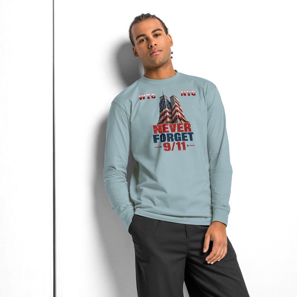Never Forget 9/11 — WTC NYC heavyweight long sleeve t-shirt — Agave — front