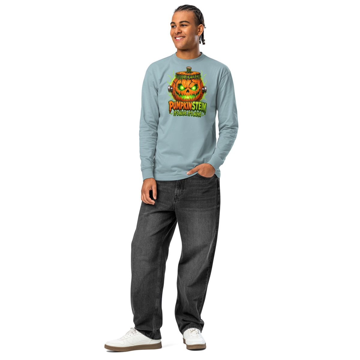Pumpkinstein heavyweight long sleeve t-shirt — Agave — front