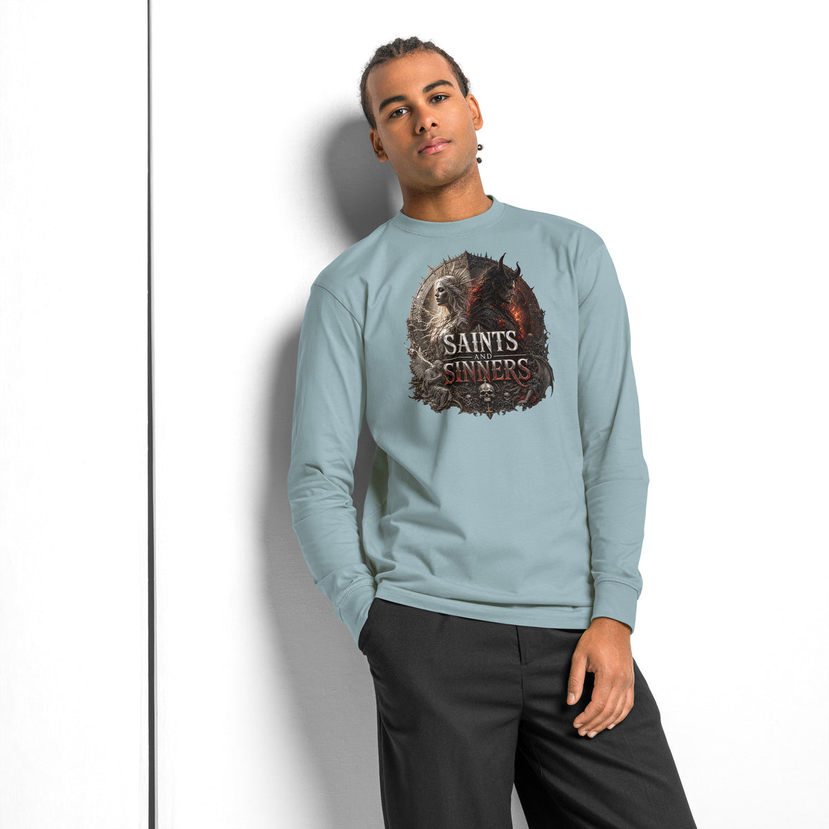Saints and Sinners — Angel and Demon heavyweight long sleeve t-shirt — Agave — front