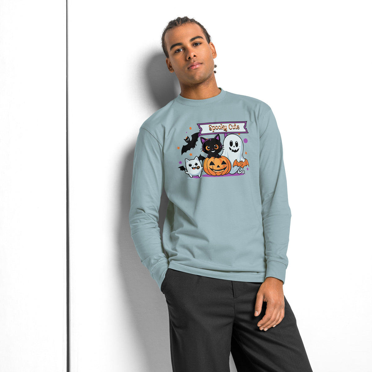 Spooky Cute Halloween heavyweight long sleeve t-shirt — Agave — front