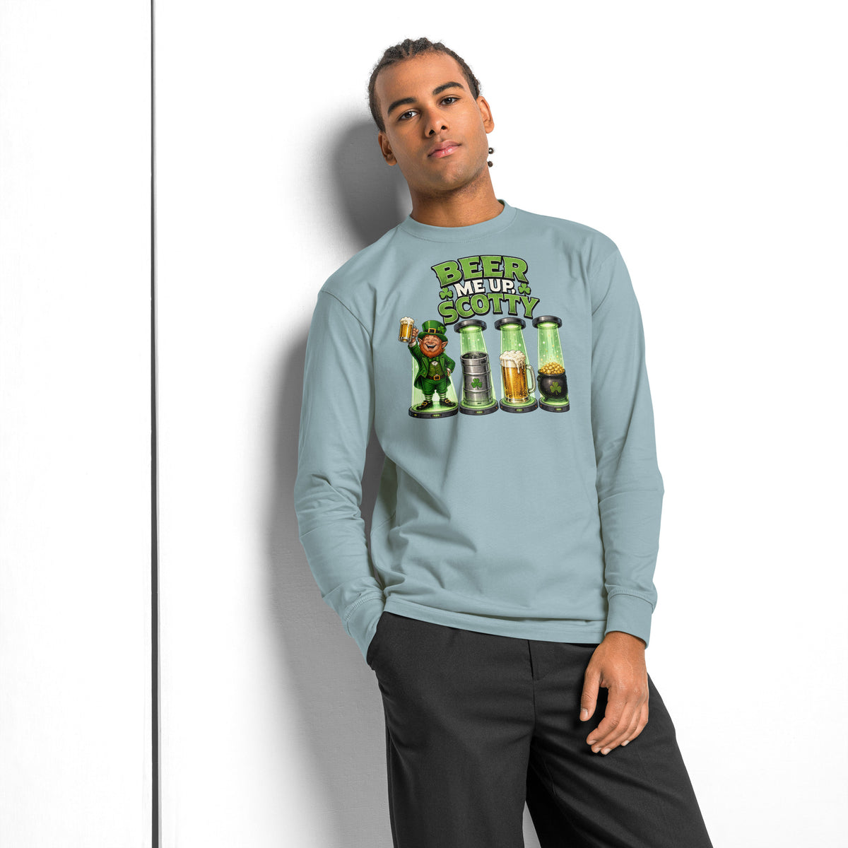 St. Patrick’s Day Transporter heavyweight long sleeve t-shirt — Agave — front
