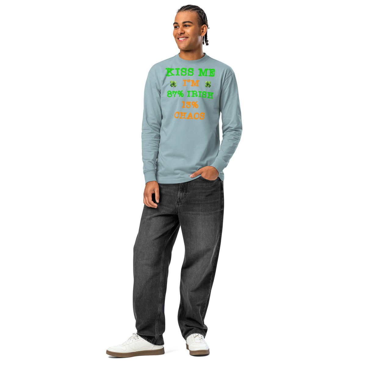 Kiss Me — Irish Chaos heavyweight long sleeve t-shirt — Agave — front