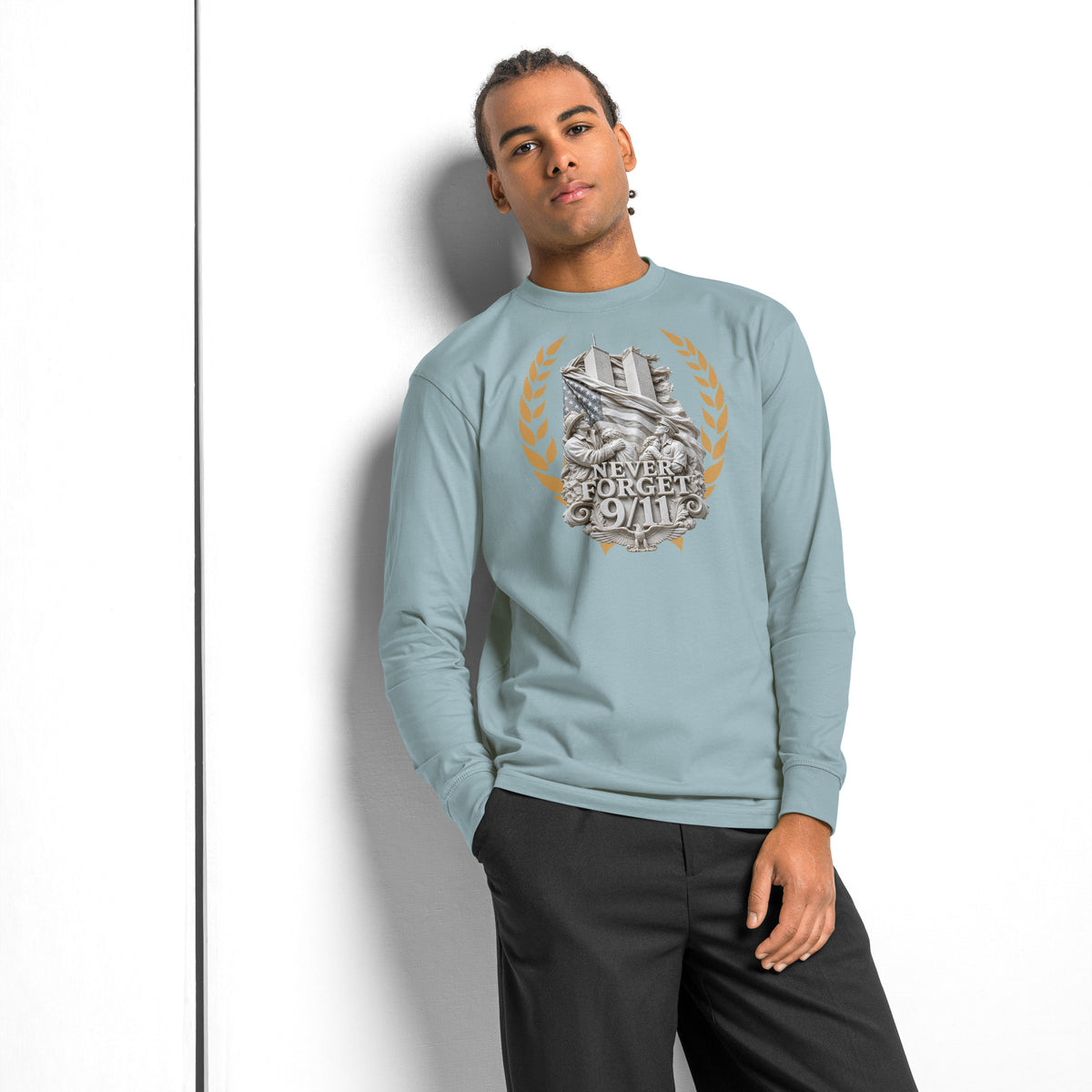 WTC NYC — Never Forget heavyweight long sleeve t-shirt — Agave — front