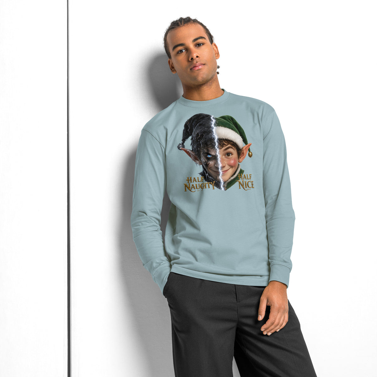 Xmas Elf Twins heavyweight long sleeve t-shirt — Agave — front