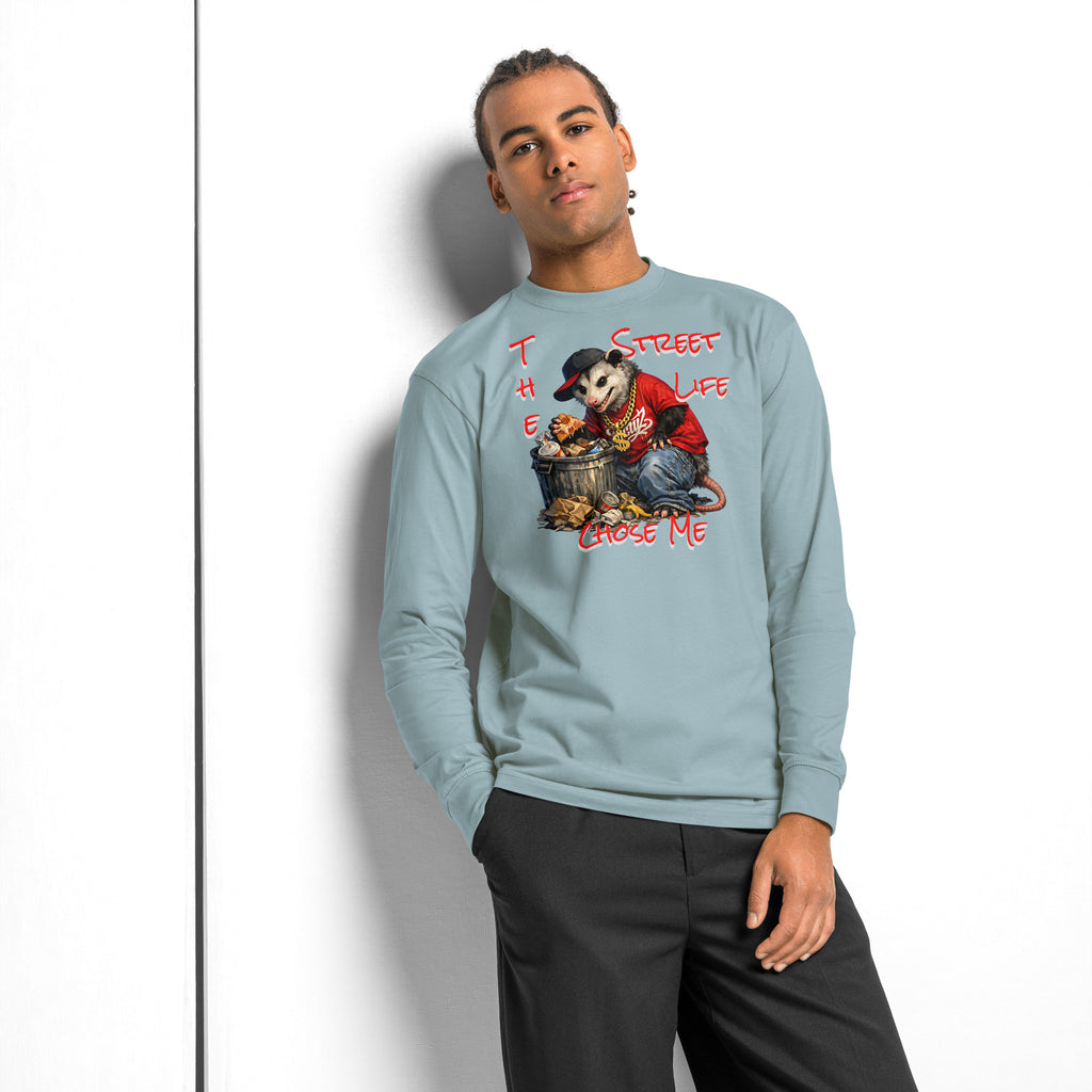 NY Possum Life heavyweight long sleeve t-shirt — Agave — Men's Lifestyle model, front