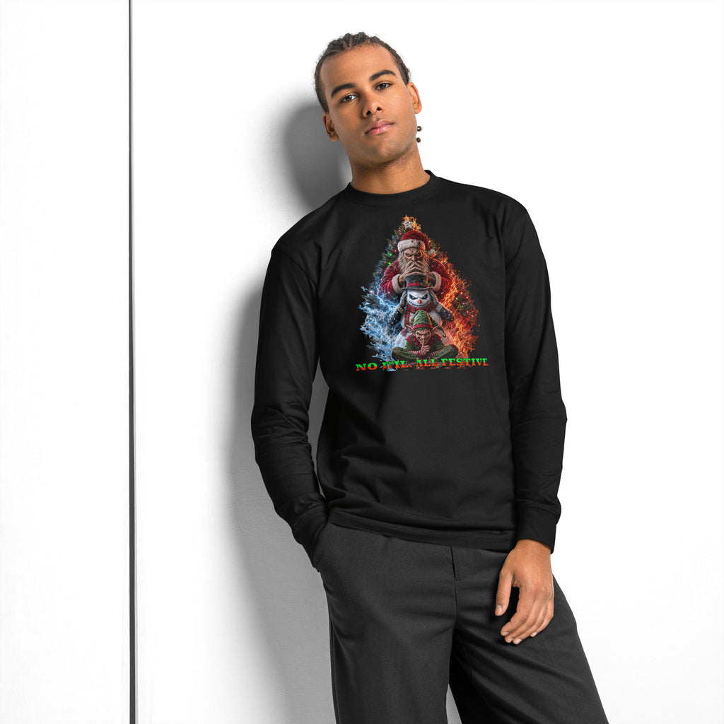 No Evil Xmas heavyweight long sleeve t-shirt — Black — Men's Lifestyle model, front