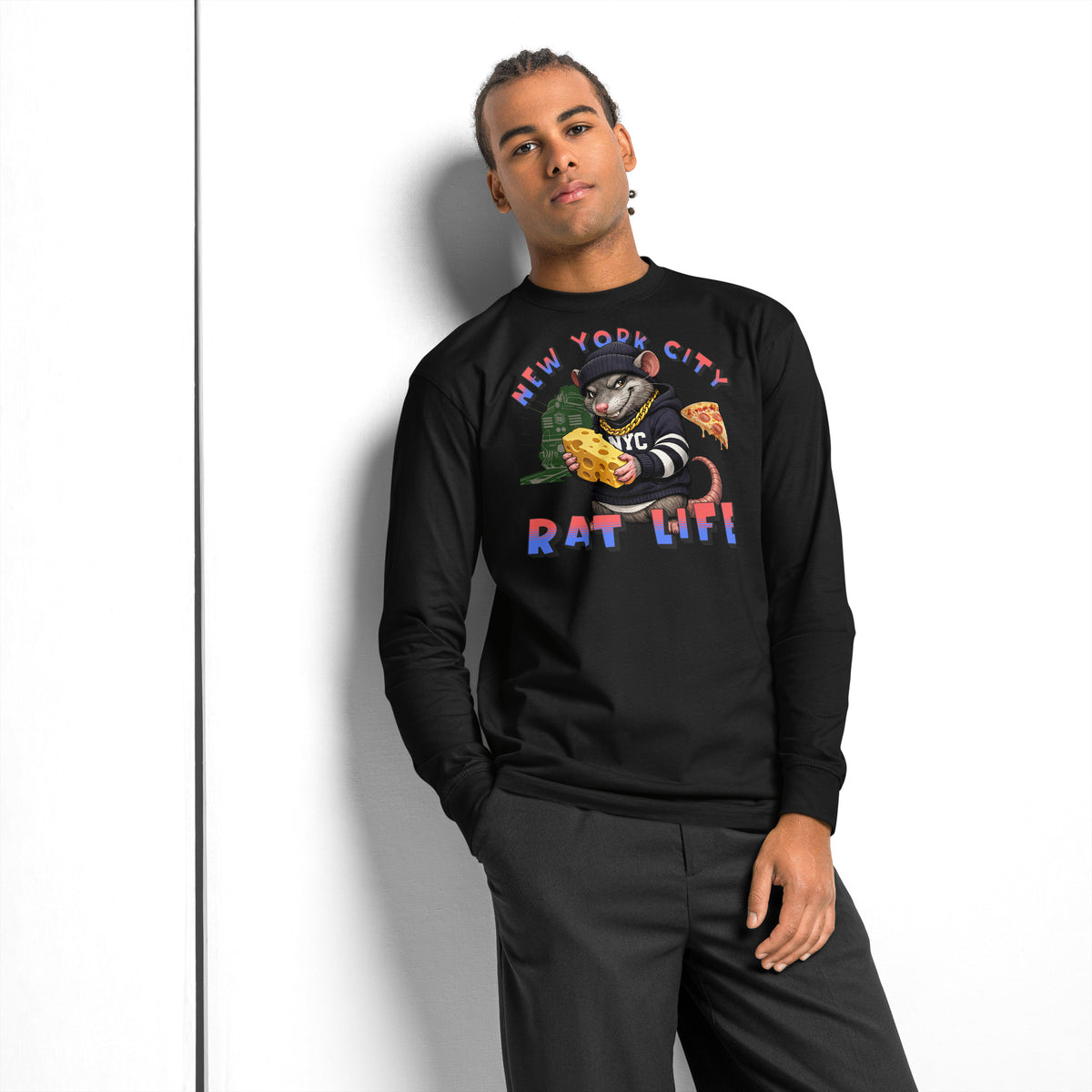 NYC Rat Life heavyweight long sleeve t-shirt — Black — Men's Lifestyle model, front