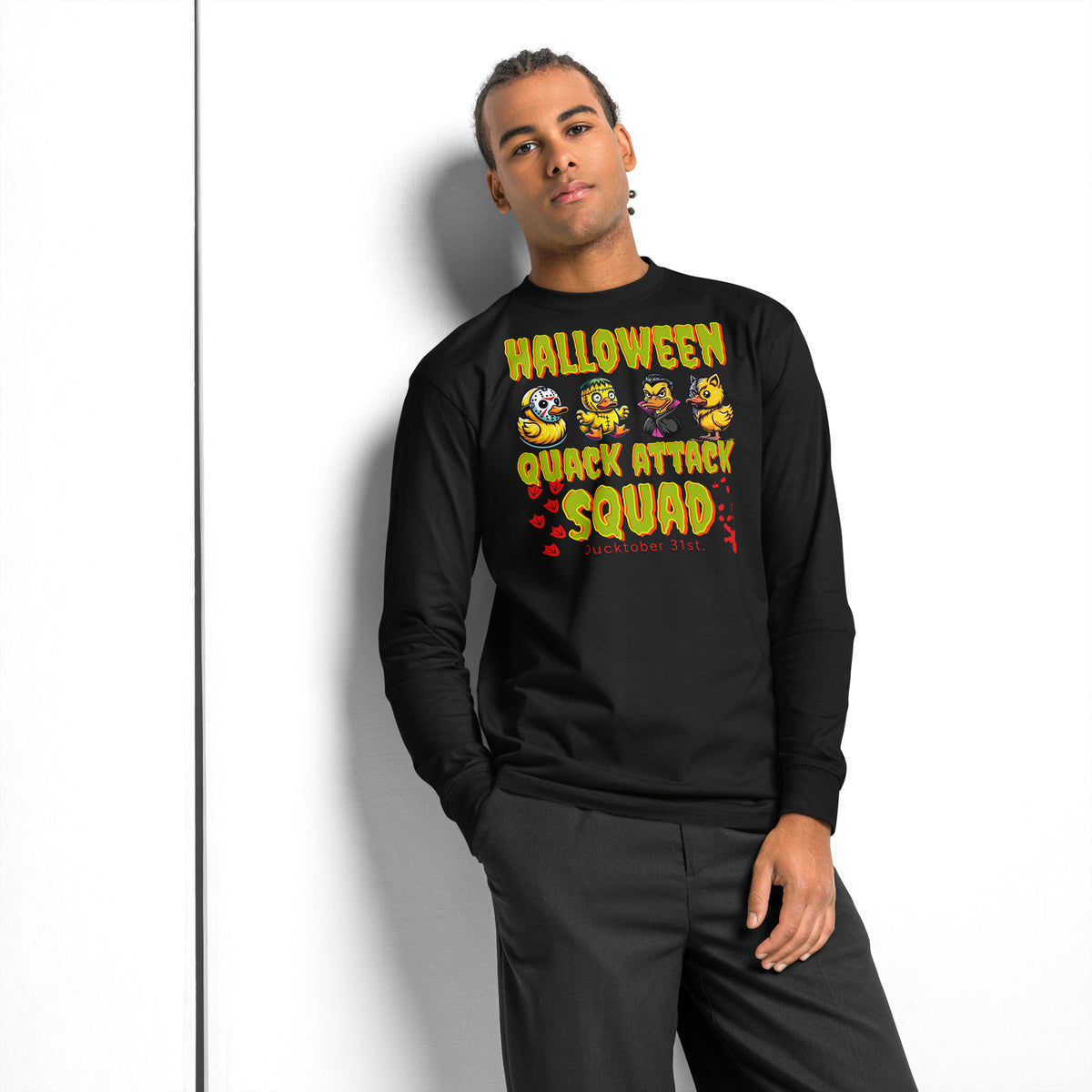 Halloween Quack Attack heavyweight long sleeve t-shirt — Black — front