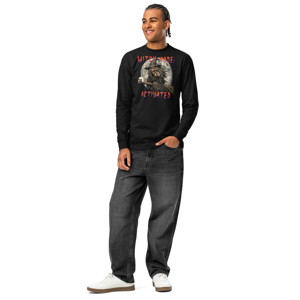 Halloween Witch Mode heavyweight long sleeve t-shirt — Black — front