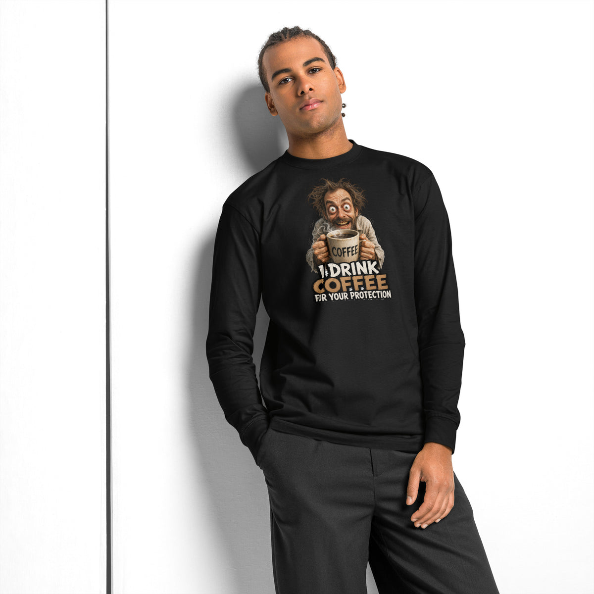 I Drink Coffee heavyweight long sleeve t-shirt — Black — front