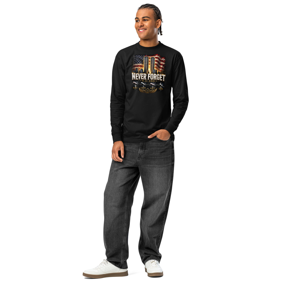 Never Forget 9/11 — Twin Towers heavyweight long sleeve t-shirt — Black — front