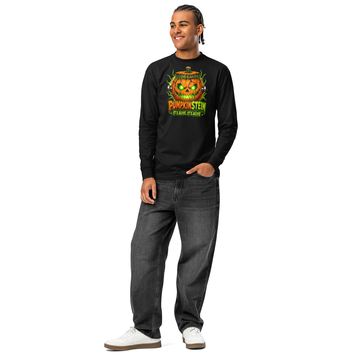 Pumpkinstein heavyweight long sleeve t-shirt — Black — front