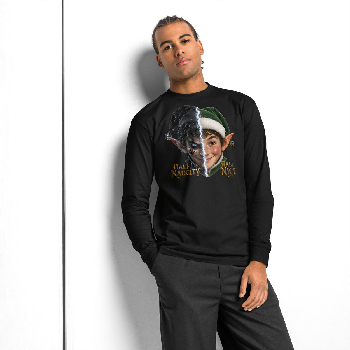 Xmas Elf Twins heavyweight long sleeve t-shirt — Black — front