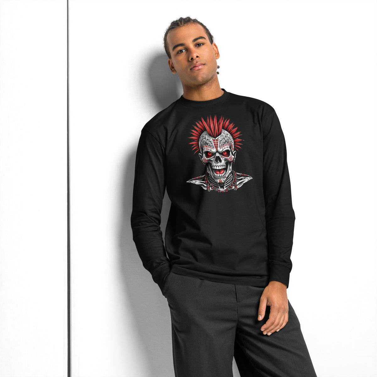 Punk Skeleton heavyweight long sleeve t-shirt — Black — front