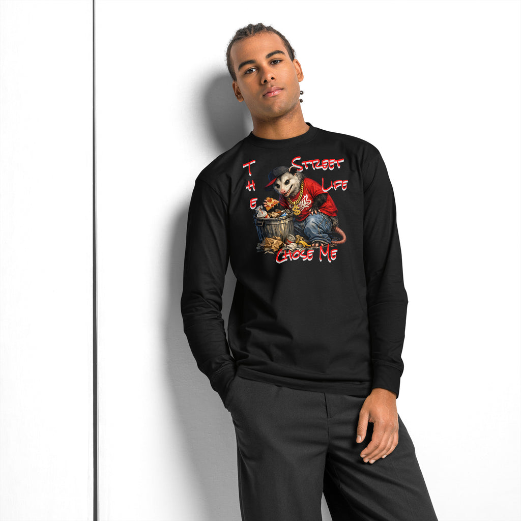 NY Possum Life heavyweight long sleeve t-shirt — Black — Men's Lifestyle model, front