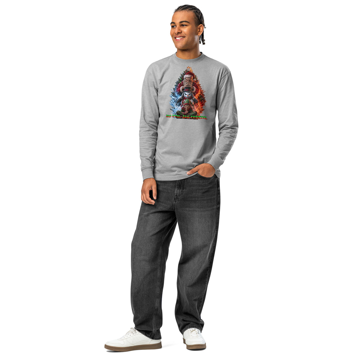 No Evil Xmas heavyweight long sleeve t-shirt — Carbon Grey — front