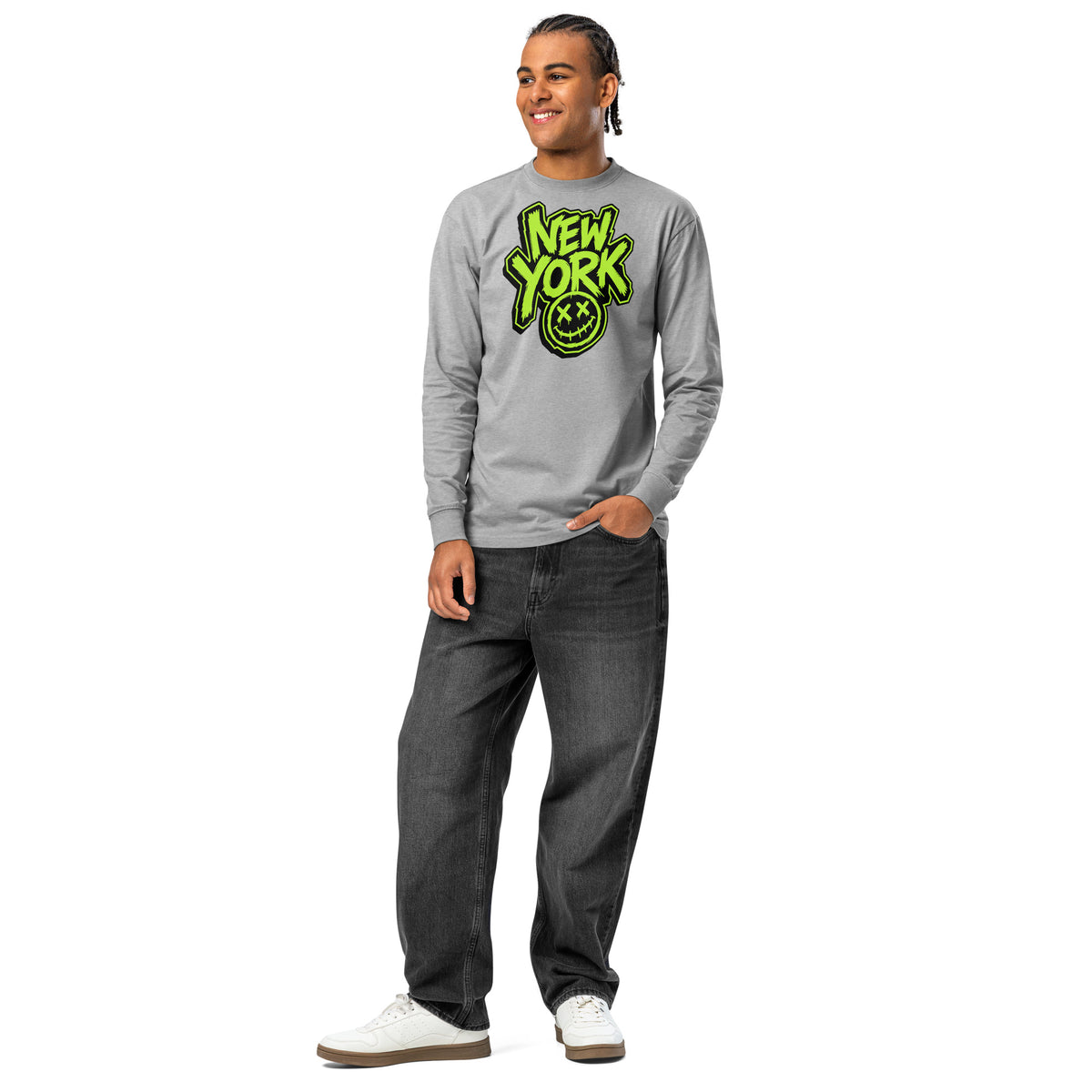 NY Smiles heavyweight long sleeve t-shirt — Carbon Grey — front