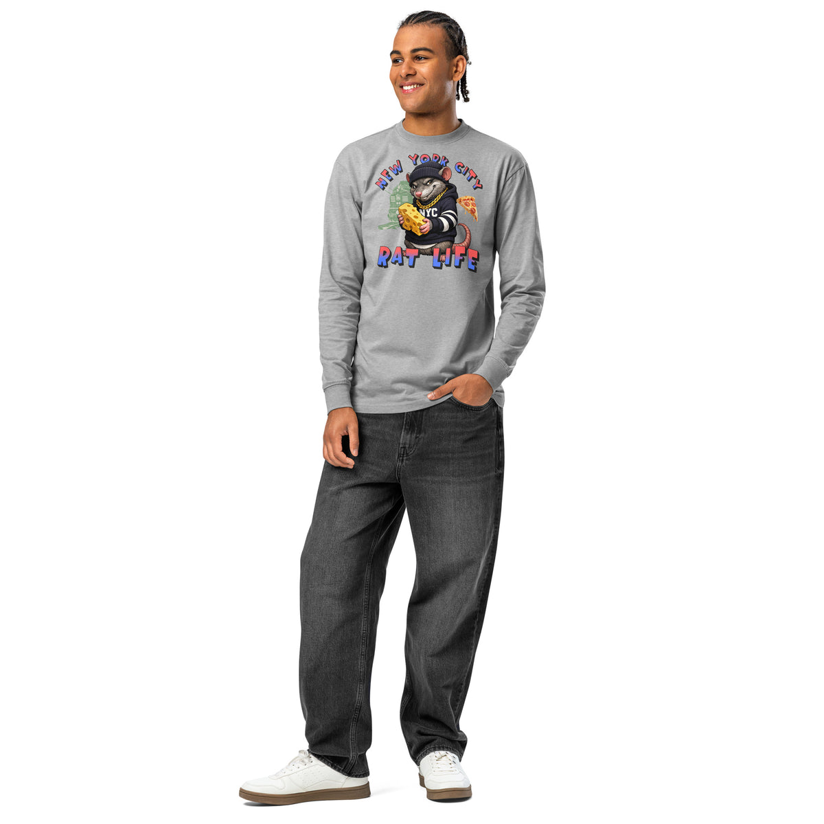 NYC Rat Life heavyweight long sleeve t-shirt — Carbon Grey — front