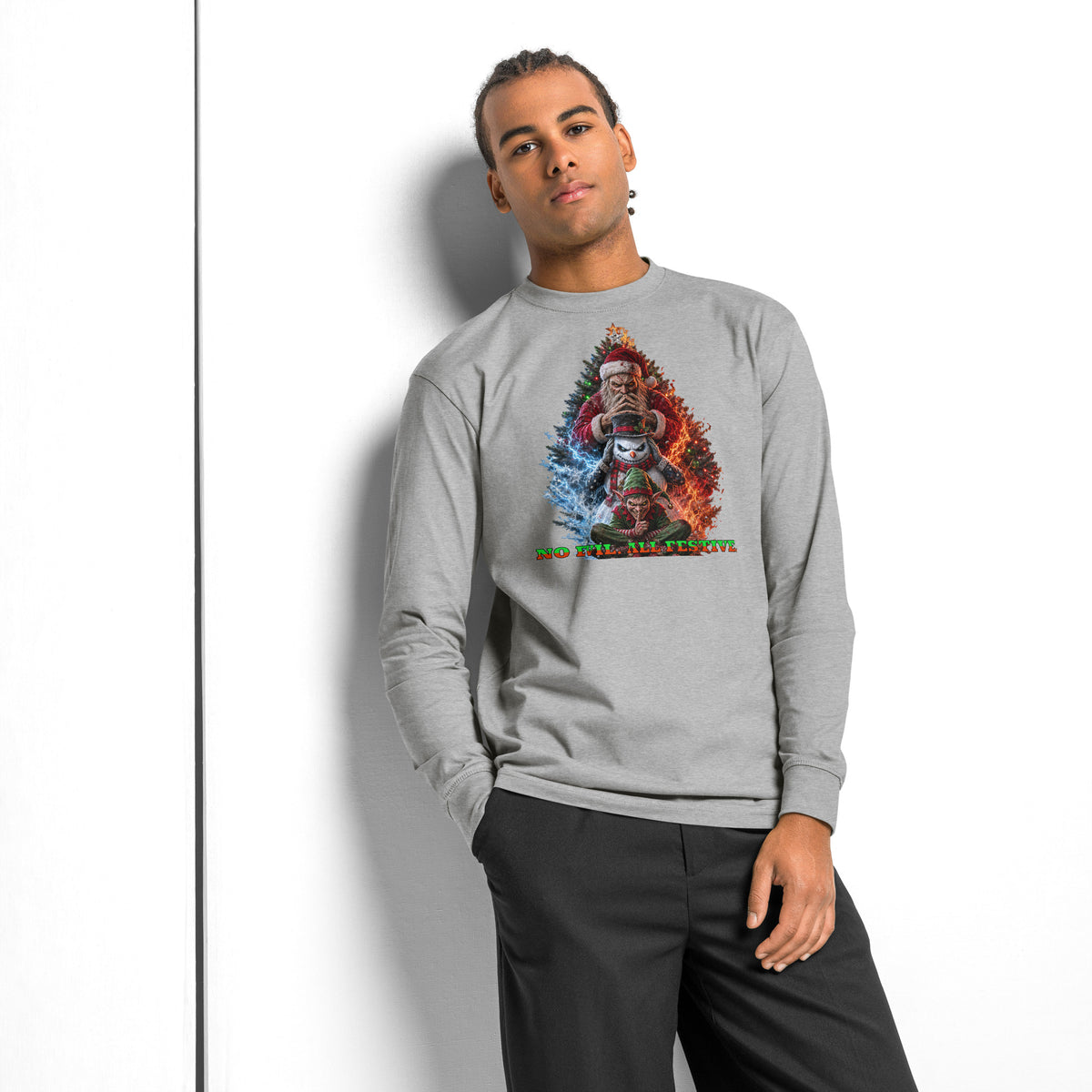 No Evil Xmas heavyweight long sleeve t-shirt — Carbon Grey — Men's Lifestyle model, front