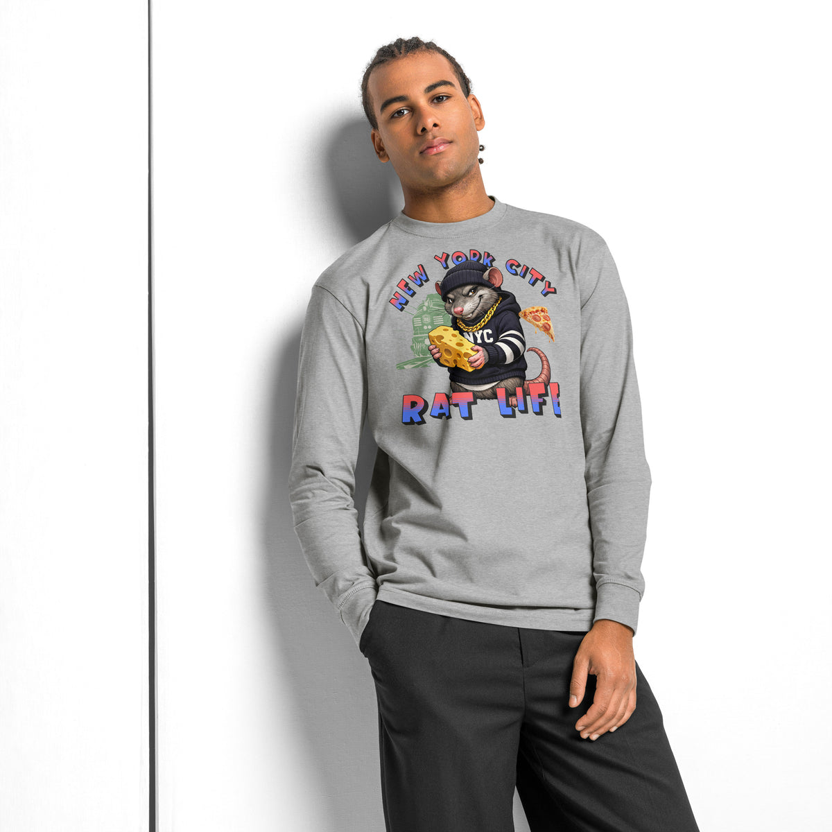 NYC Rat Life heavyweight long sleeve t-shirt — Carbon Grey — Men's Lifestyle model, front