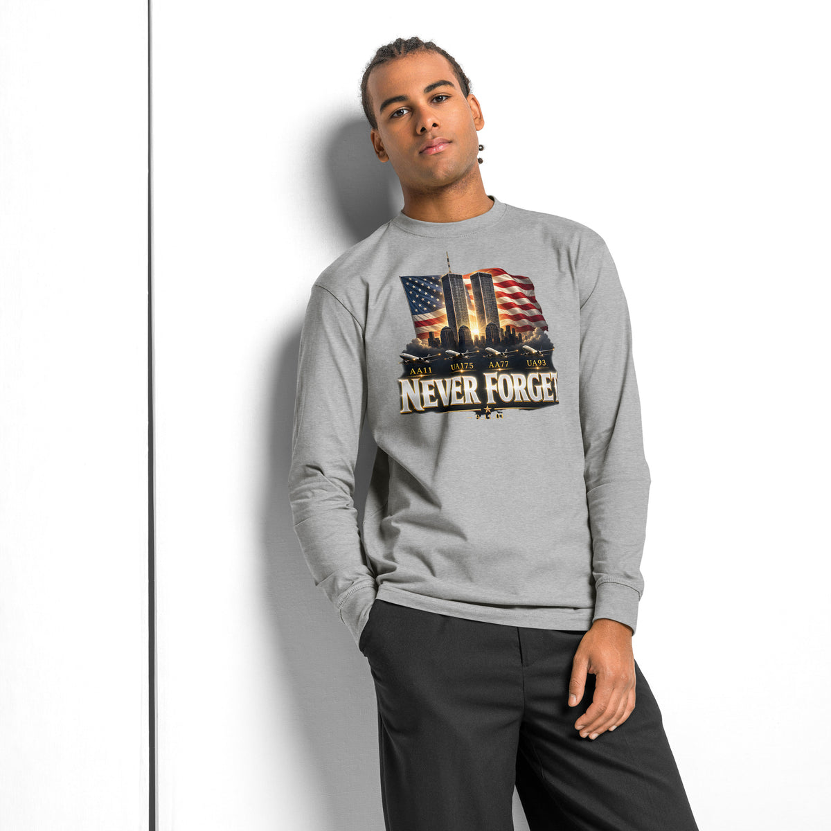 9/11 Never Forget heavyweight long sleeve t-shirt — Carbon Grey — front