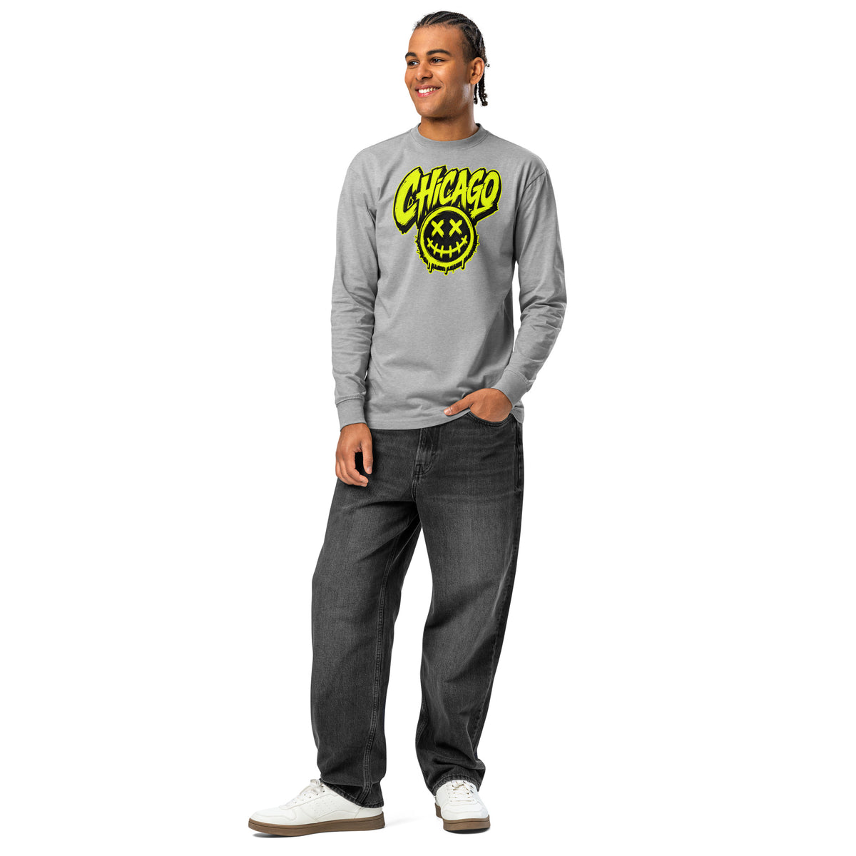 Chicago Smiles heavyweight long sleeve t-shirt — Carbon Grey — front