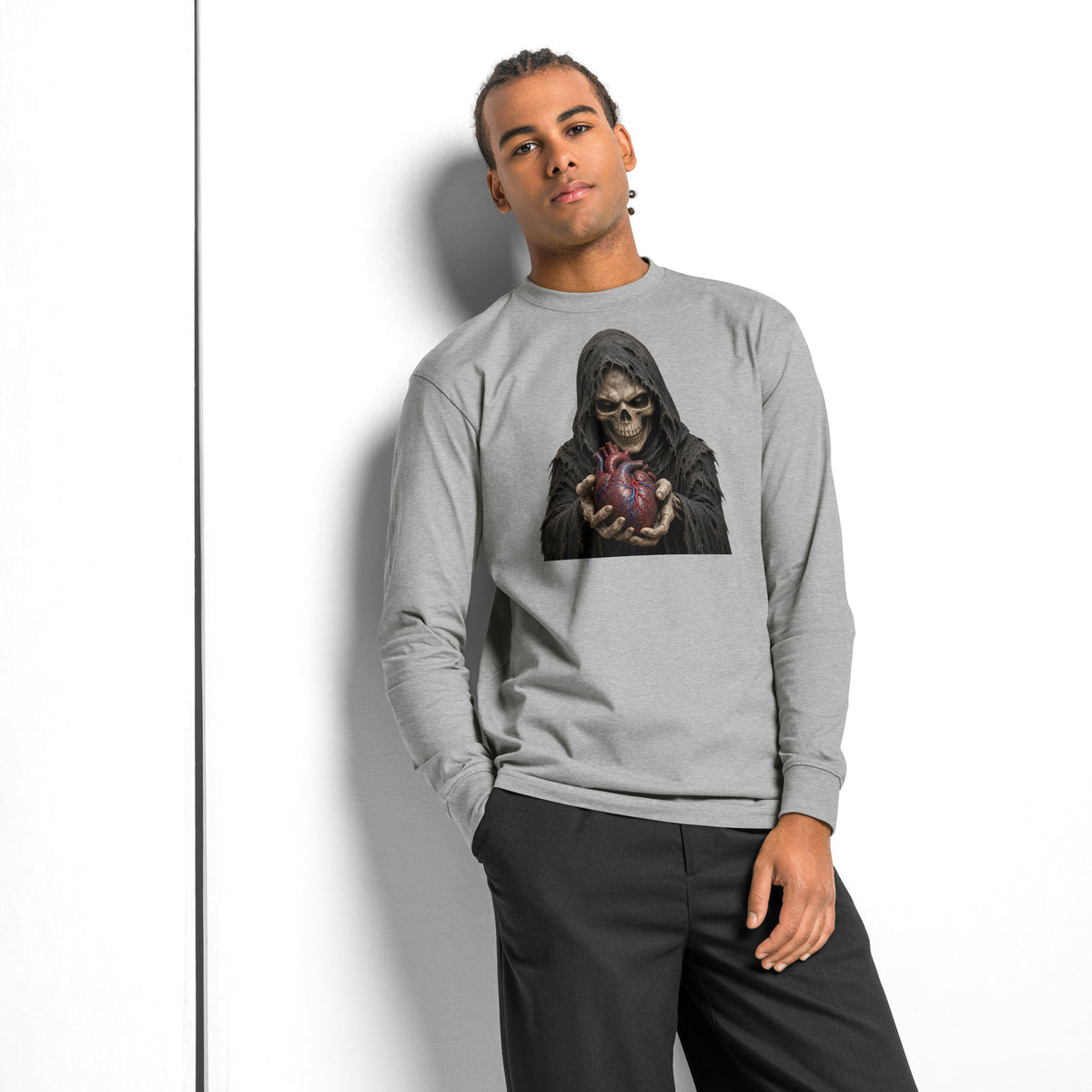 Have A Heart Skeleton heavyweight long sleeve t-shirt — Carbon Grey — front