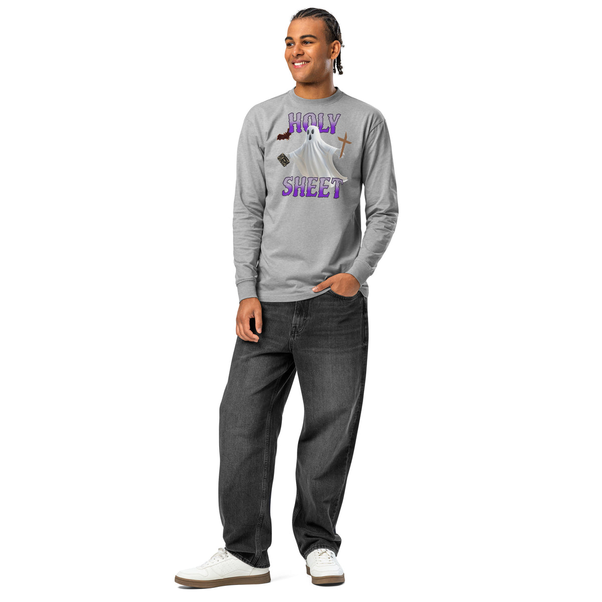 Holy Sheet heavyweight long sleeve t-shirt — Carbon Grey — front