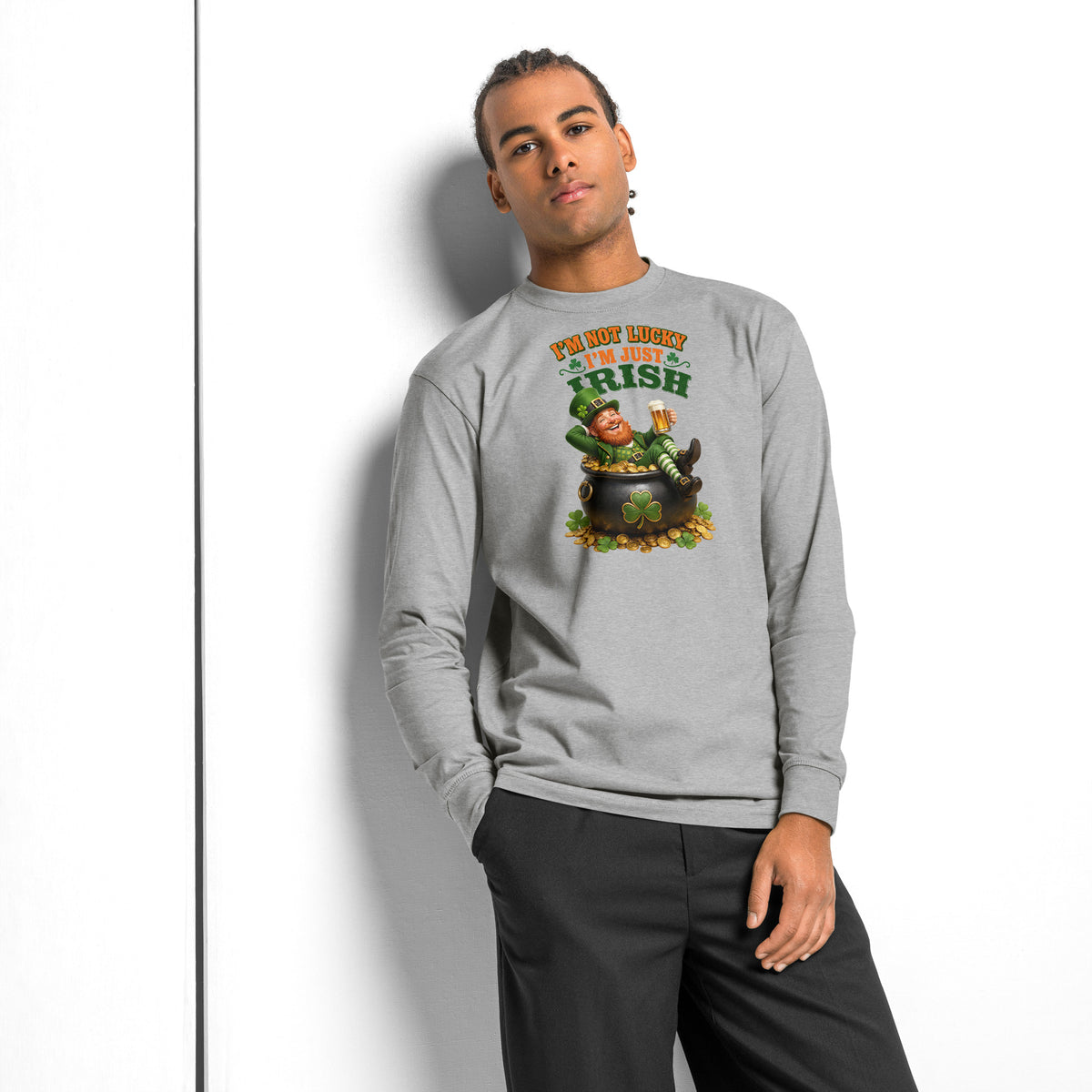 I’m Just Irish heavyweight long sleeve t-shirt — Carbon Grey — front