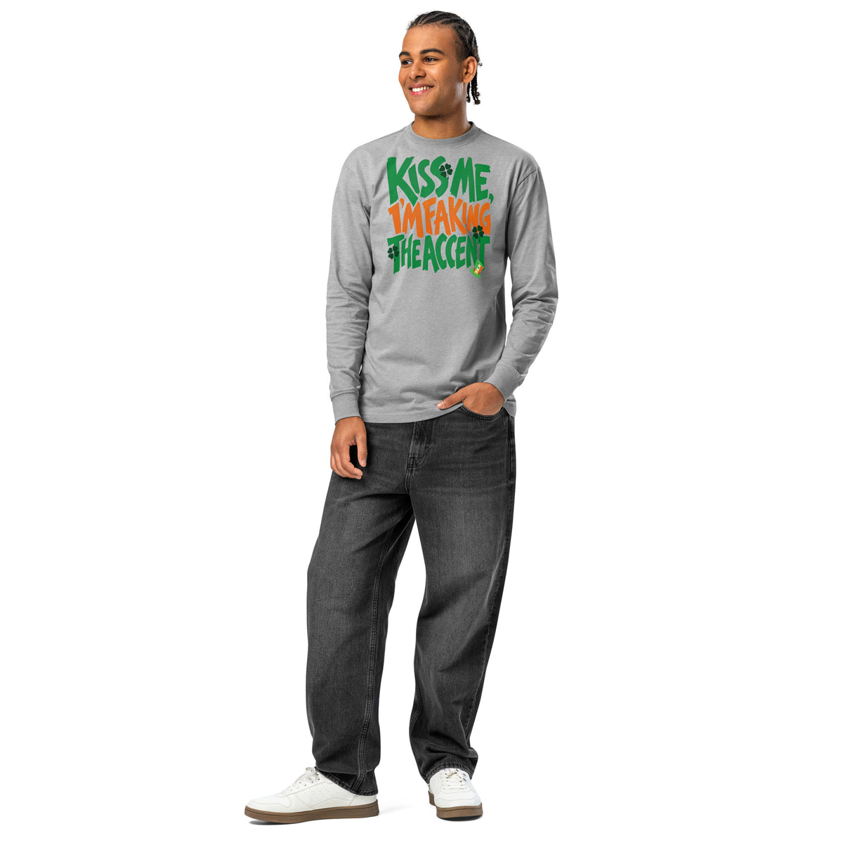 Kiss Me Faking Accent heavyweight long sleeve t-shirt — Carbon Grey — front