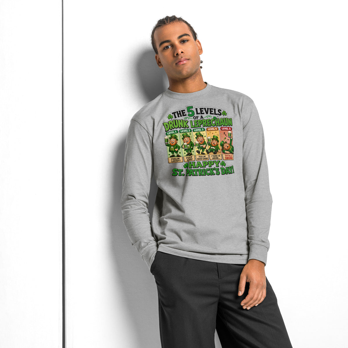 Five Levels of Leprechaun heavyweight long sleeve t-shirt — Carbon Grey — front