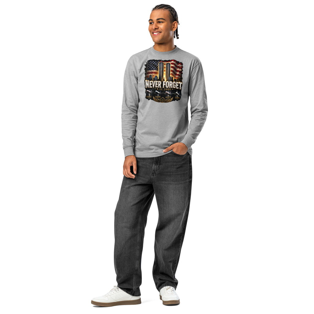Never Forget 9/11 — Twin Towers heavyweight long sleeve t-shirt — Carbon Grey — front