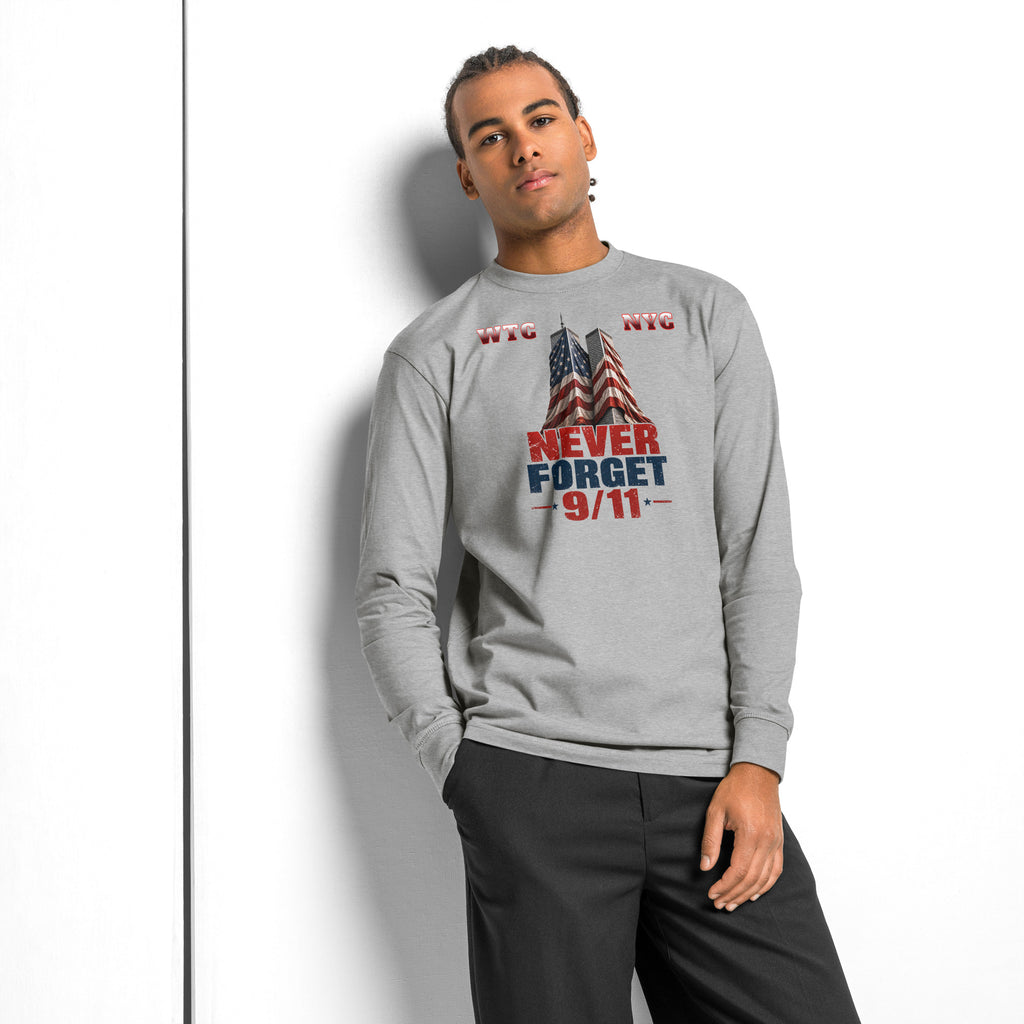 Never Forget 9/11 — WTC NYC heavyweight long sleeve t-shirt — Carbon Grey — front