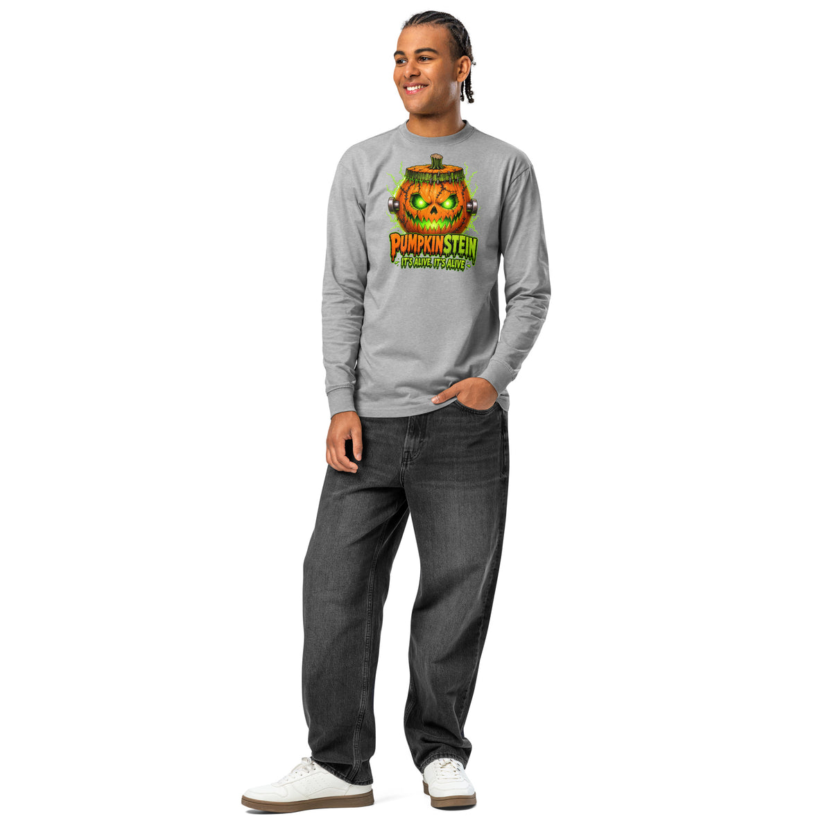 Pumpkinstein heavyweight long sleeve t-shirt — Carbon Grey — front