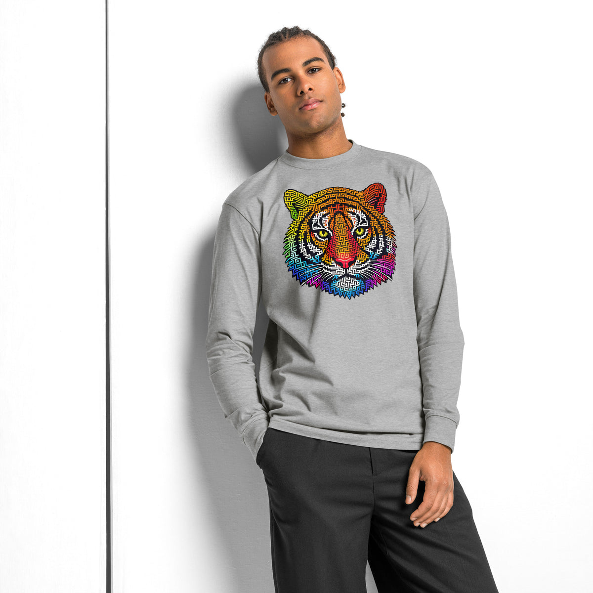 Rainbow Tiger Face Maze heavyweight long sleeve t-shirt — Carbon Grey — front
