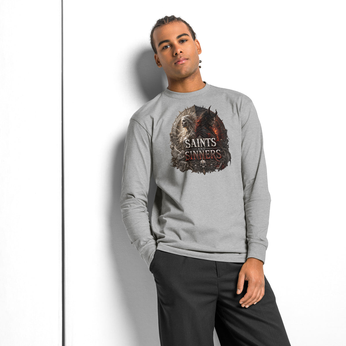 Saints and Sinners — Angel and Demon heavyweight long sleeve t-shirt — Carbon Grey — front