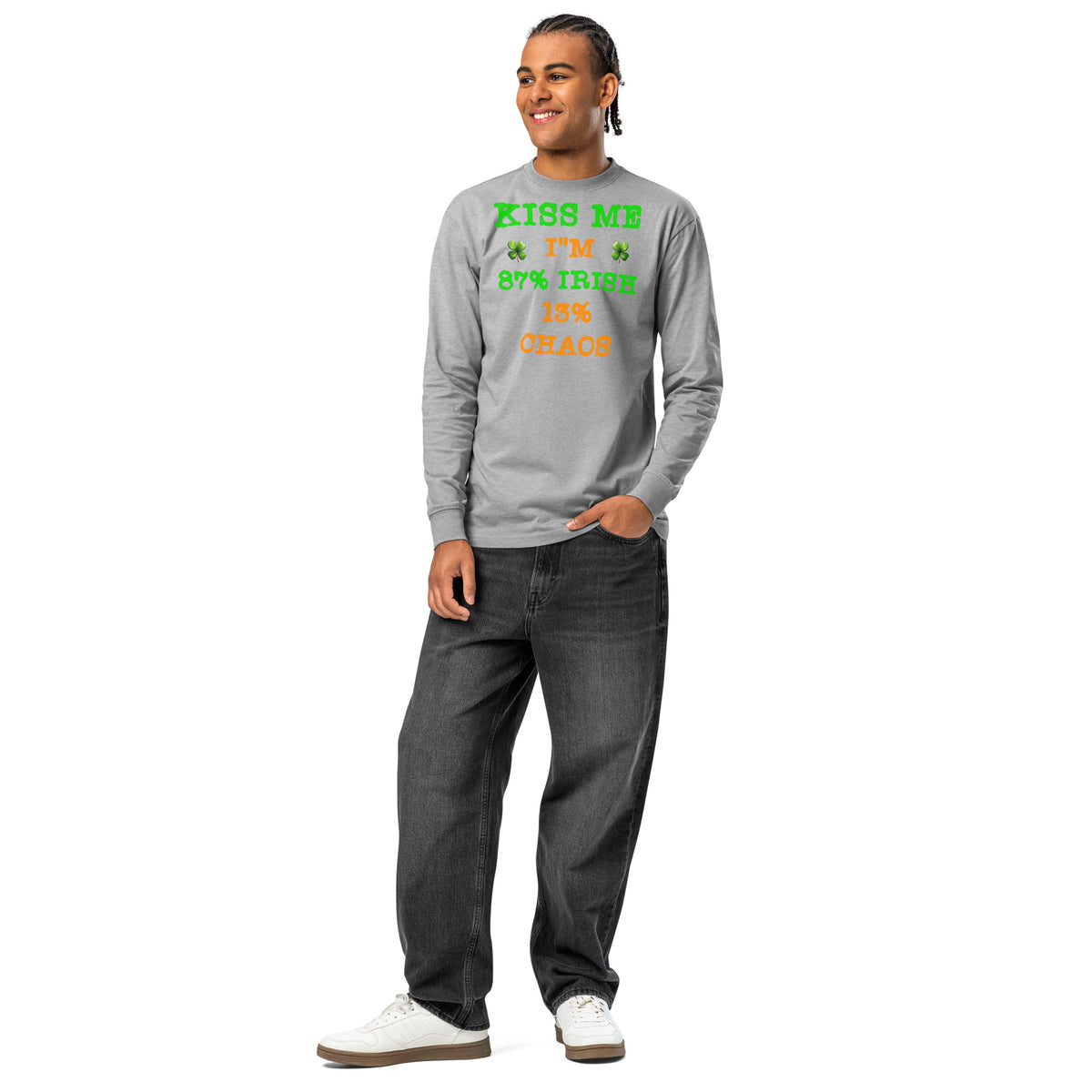 Kiss Me — Irish Chaos heavyweight long sleeve t-shirt — Carbon Grey — front