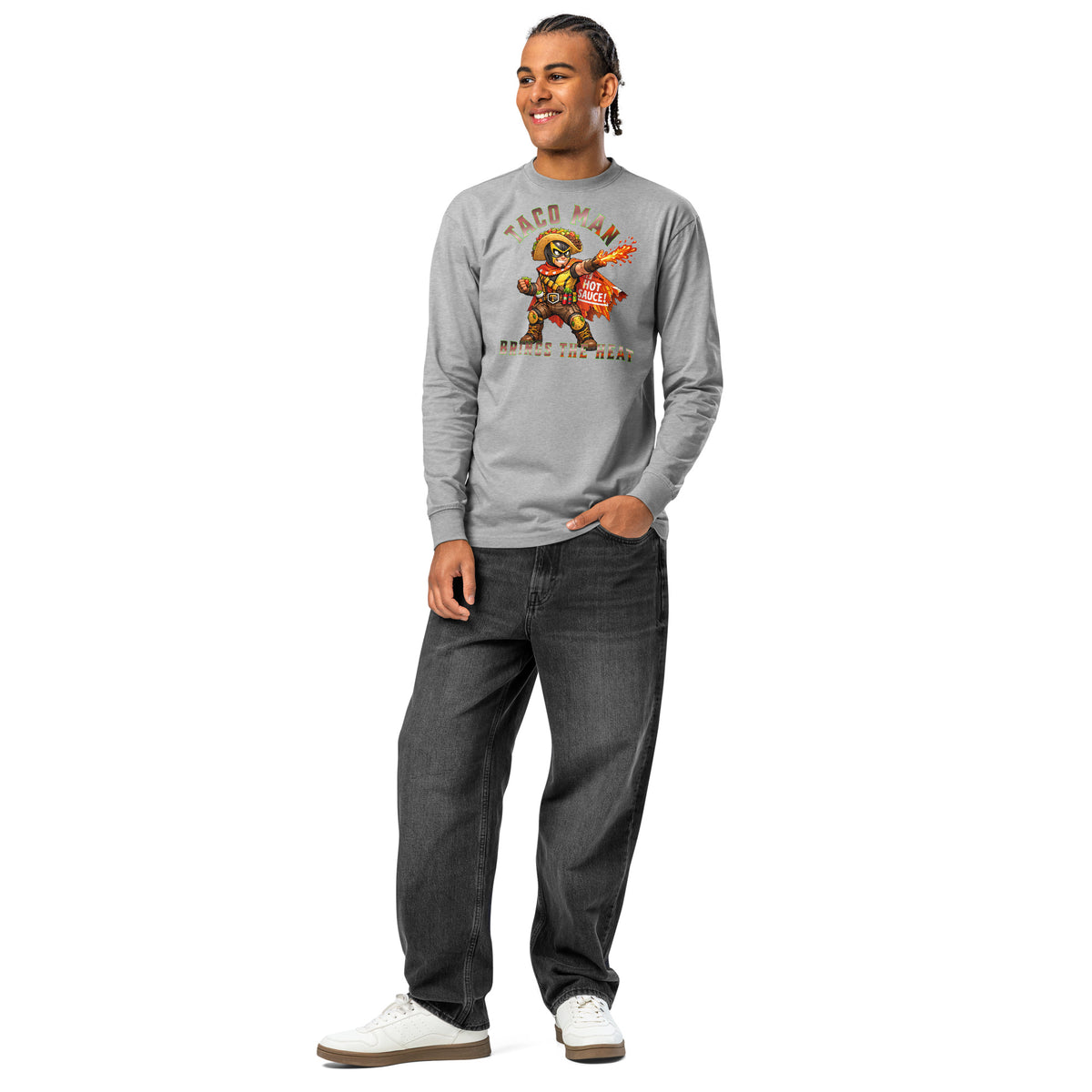 Taco Man heavyweight long sleeve t-shirt — Carbon Grey — front