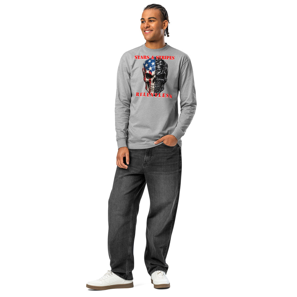 USA Patriotic Camo Skull heavyweight long sleeve t-shirt — Carbon Grey — front