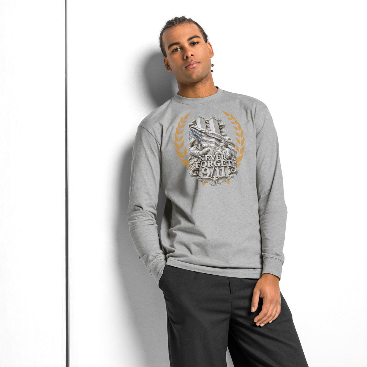WTC NYC — Never Forget heavyweight long sleeve t-shirt — Carbon Grey — front